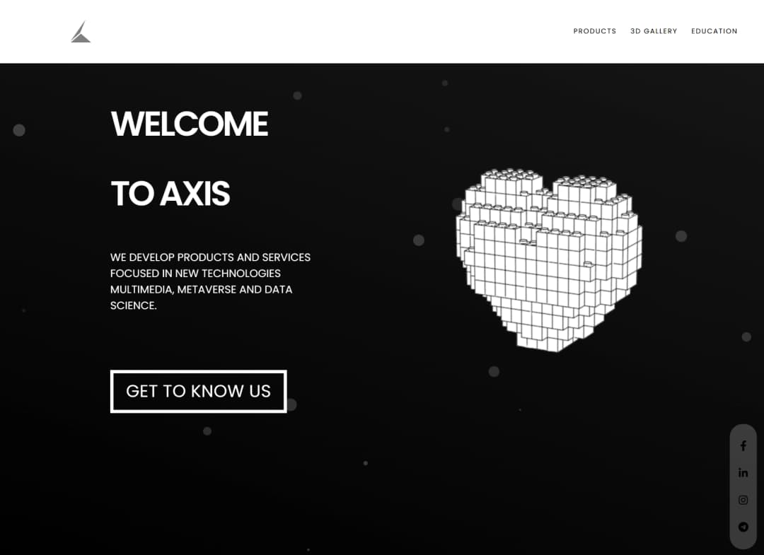 Axis VR webpage with 3D models and modern UI